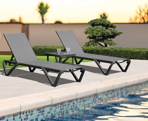 Domi Aluminum Pool Lounge Chair Outdoor Set of 2 Chaise Lounge Outdoor | Gray, Side Table, Wheels, Adjustable, Textilene, All Weather, Poolside, Backyard, Patio, Deck, Outside