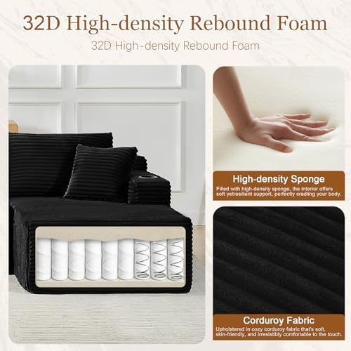 134 Inch Modular Sectional Sleeper Sofa, Cloud Couch for Living Room, U Shaped 5 Seat Sofa with 2 Storage Pockets& 2 Cup Holders, Free Combination, No Assembly Required (Black)