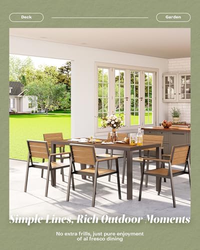 Vexwalx 7-Piece Outdoor Dining Set, Aluminum Dining Table Set for 6, Patio Table and Chairs Set with Umbrella Hole, All Weather HDPS Outdoor Table and Chairs for 6 (Gray-Teak)
