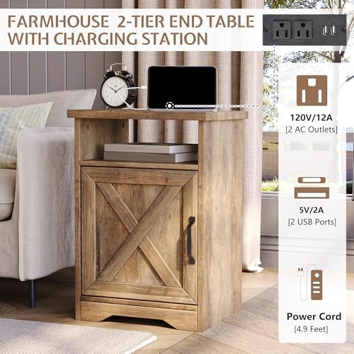 LUXOAK 3 Piece Living Room Table Set with Barn Door, Barnwood | Includes Coffee Table and 2 End Tables, Charging Station &USB Ports, Rustic Farmhouse Style, Living Room Furniture Set