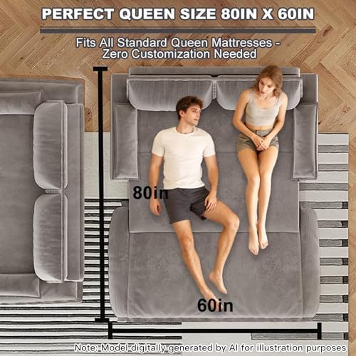 70.1" Sleeper Sofa Bed Queen Size, Pull Out Convertible Velvet Couch, Grey | 3-in-1 Sofa, Recliner & Bed, Removable Cover, Comfort Pillow Arm, for Narrow Doors, Living Room, Small Space, Apartment & RV
