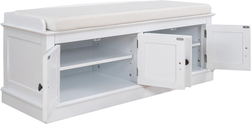 SOFTSEA 42.7" Shoe Bench with Padded Seat Cushion, 2-Tier Entryway Bench with 4 White Doors and Adjustable Shelves, Shoe Cabinet for Entryway, Bedroom, Living Room, White