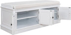 GDFStudio Jasd Storage Bench with 4 Doors and Adjustable Shelves, Removable Cushion Bench Ottoman, Solid Wood Frame Storage Ottoman, Rectangular Cabinet with Seating for Living Room Entryway, White