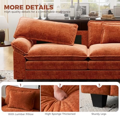 CDCASA 117" Oversized Modular Sectional Sofa with Corner, Comfy V-Shaped Cloud Couch w/ 2 Ottomans, 7-Seater Chenille Deep Seat Modern Sofa Couch for Living Room, DIY Combination, Terracotta Orange