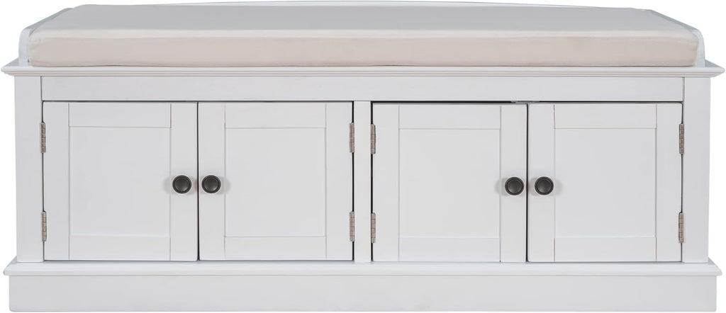 GDFStudio Jasd Storage Bench with 4 Doors and Adjustable Shelves, Removable Cushion Bench Ottoman, Solid Wood Frame Storage Ottoman, Rectangular Cabinet with Seating for Living Room Entryway, White