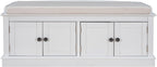 GDFStudio Jasd Storage Bench with 4 Doors and Adjustable Shelves, Removable Cushion Bench Ottoman, Solid Wood Frame Storage Ottoman, Rectangular Cabinet with Seating for Living Room Entryway, White