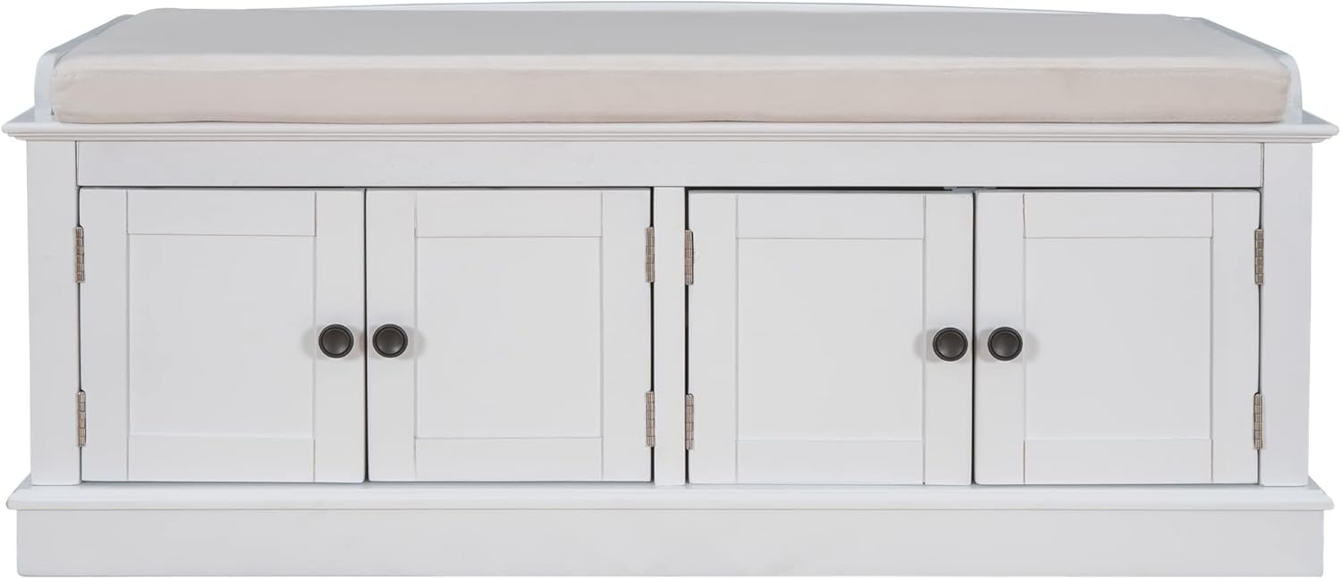 GDFStudio Jasd Storage Bench with 4 Doors and Adjustable Shelves, Removable Cushion Bench Ottoman, Solid Wood Frame Storage Ottoman, Rectangular Cabinet with Seating for Living Room Entryway, White