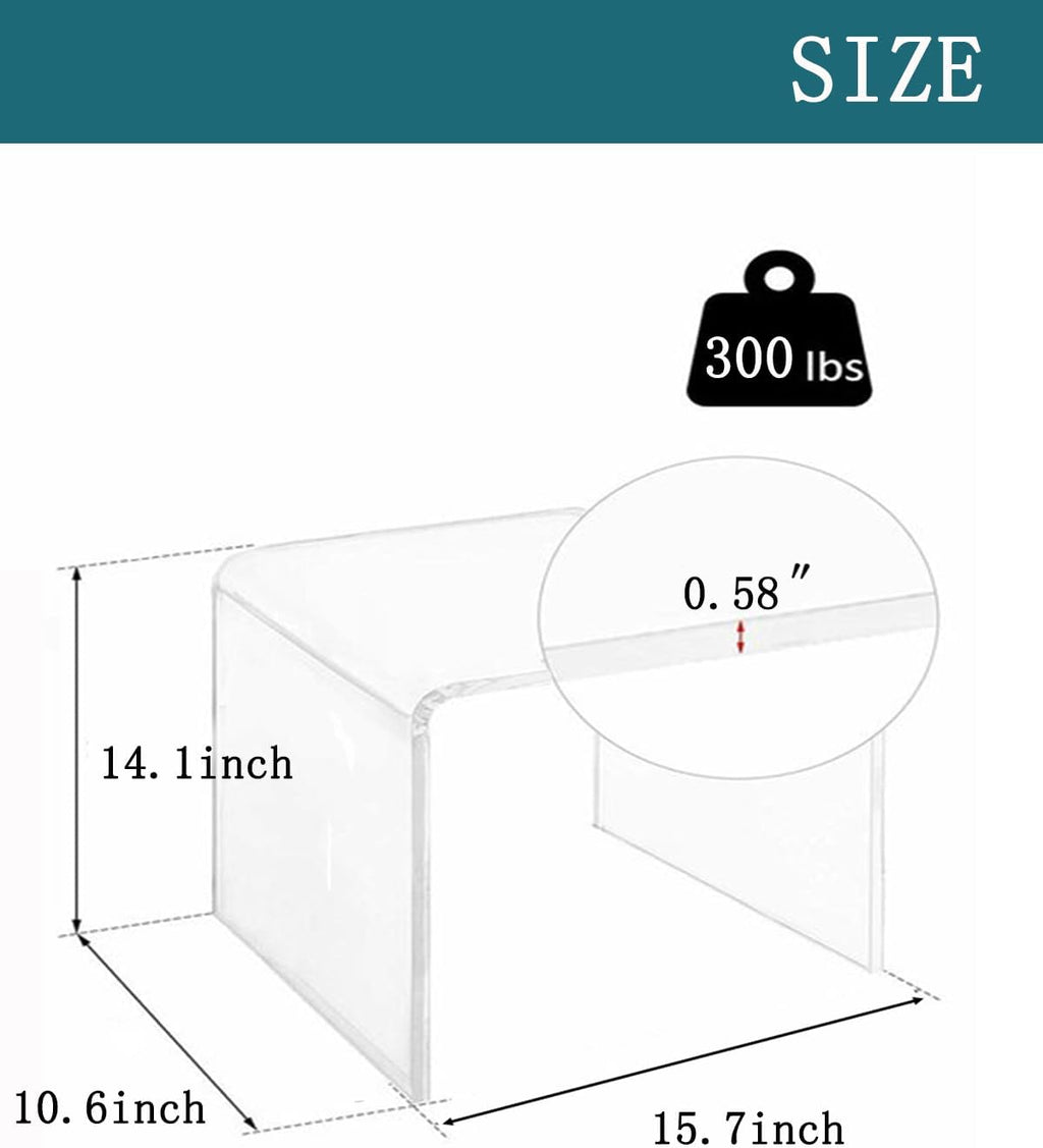 Acrylic 15 Inch Small Stool Set of 2,Multi-Use as Shower/Water-Resistant Stool,Clear Footstool for Bathroom, Seating and Placing Items (10.6" D x 15.7" W x 14.1" H（2PCS)