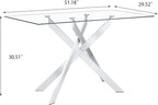 51" Rectangular Glass Dining Table Modern Kitchen Glass Top Table for 4 with Silver Metal Legs, Clear Dining Table Kitchen Table for Home Office Dining Room