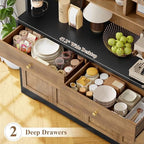 FINETONES 71" Pantry Cabinet, Tall Kitchen Pantry with Charging Station | 47.2" Wide Kitchen Hutch Food Storage Cabinets with Open Countertop, Kitchen Pantry Cabinet for Dining Room, Black/Brown