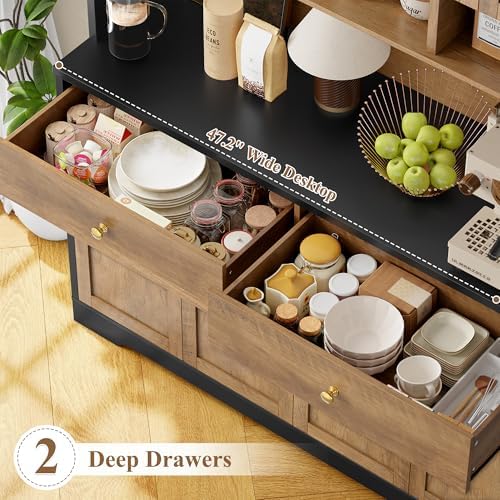 FINETONES 71" Pantry Cabinet, Tall Kitchen Pantry with Charging Station | 47.2" Wide Kitchen Hutch Food Storage Cabinets with Open Countertop, Kitchen Pantry Cabinet for Dining Room, Black/Brown