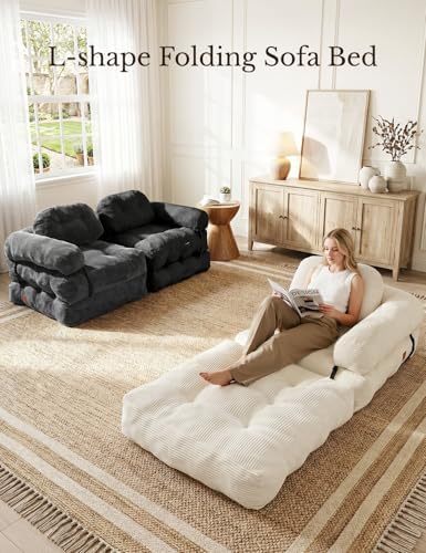 Folding Sofa Bed, L-Shaped Couch Back Support and Arm Pillow Futon | Convertible Sofa Bed for Living Room/Guest Use/Home Office, Foldable Couch for Adults, Dark Gray