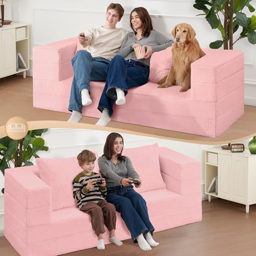 Futon Sofa Bed with Pillow, 3-in-1 Sleeper Sofa Bed with Removable Cover | Convertible Floor Sofa Bed with Memory Foam Filled, No Assembly Couch for Living Room, Bedroom（Pink King）