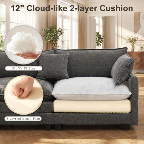 111.4" V-Shaped 5-Seat Sectional Cloud Couch, Chenille Soft Set, Grey | Customizable layout, suitable for living room, bedroom & apartment, comfortable deep seat