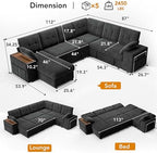 Vipbear 7 Seat Modular Sectional Sleeper Sofa with Pull Out Bed, L-Shaped Couch with Reclining Backrest, Lift Top Storage Chaise, USB LED Light, Tool-Free Assembly, Chenille Black