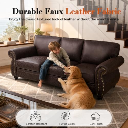 Couchus 88" W Living Room Furniture Sets, 3-Seater&Loveseat, Brown | Faux Leather Fabric Sofa and Couch Sets, Mid-Century Sofa Set with Nailhead Trim