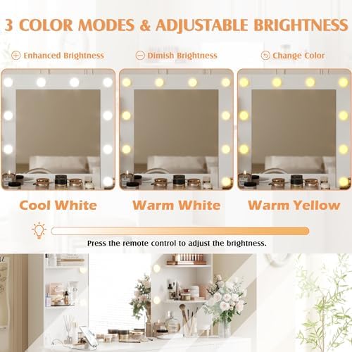 YESHOMY Vanity Desk with Mirror, Outlet, 10 Lights & 7 Drawers,Pure White | Lighted Mirror with 3 Color Modes,Makeup Table,Large Storage Capacity,Available for bedroom