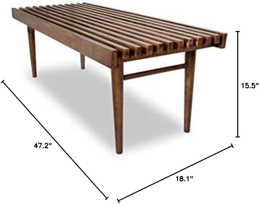 Pemberly Row 47" Mid Century Modern Rectangle Felicity Brown Teak Wood Bench Seat for Living Room, Dining Room, Bedroom, Entrance, Hallway, in Walnut Finish