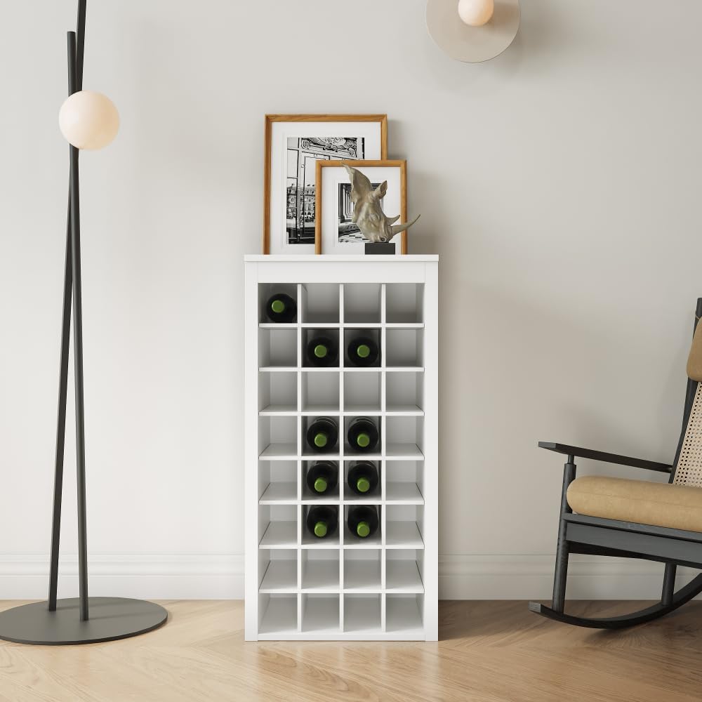 Freestanding Floor Wine Rack, 32 Bottle Wooden Wine Cabinet for Small Spaces, Farmhouse Modular Stackable Bottle Holder, Tall Counter Storage Rack, Elegant Design (White)