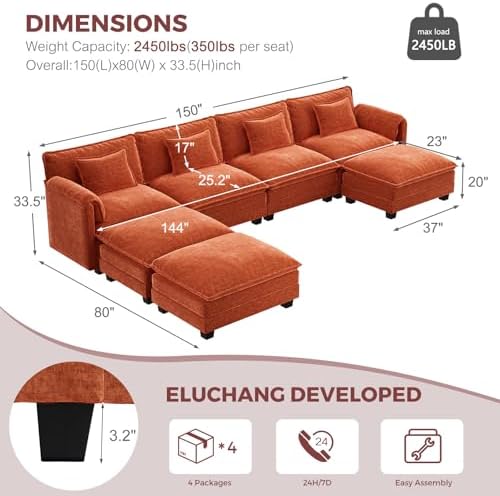 ELUCHANG 153" Oversized Modular Sectional Sofa, Comfy Chenille Cloud Couch, 7-Seater U Shaped Modern Deep Seat Sofa w/Removable Covers for Living Room, Bedroom, DIY Combination - Terracotta