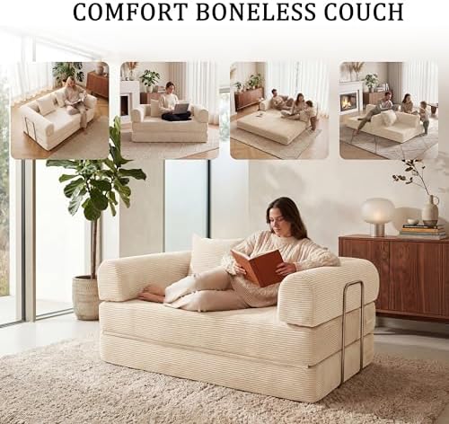 Futon Sofa Bed Modular Loveseat Sleeper Folding Pull Out Couch with Pillows, No Assembly Required Couch for Living Room Bedroom Guest Room (Beige, 53.15" Loveseat Sofa)