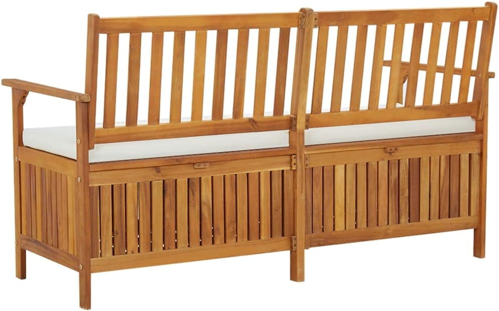 Storage Bench with Cushion 58.3 Inch Solid Acacia Wood Durable Patio Furniture Outdoor Bench Seat for Garden Porch Front Porch Furniture