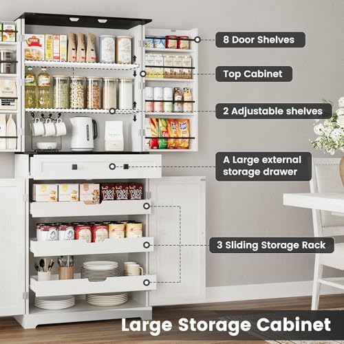 ELYKEN 72" Kitchen Pantry Storage Cabinet with Drawer, 3 Pull Out Shelves | 8 Door Shelves, Tall Pantry Cabinet Organizer, Farmhouse Kitchen Hutch, Pantry Storage Shelves, Dining Room, White