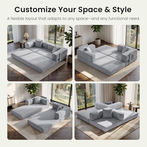 78.8" Convertible Futon Sofa Bed, Couch for Living Room | Corduroy Loveseat Sleeper Sofa, Modular Futon Couch with Storage Pocket, Pull Out Couch No Assembly | Grey