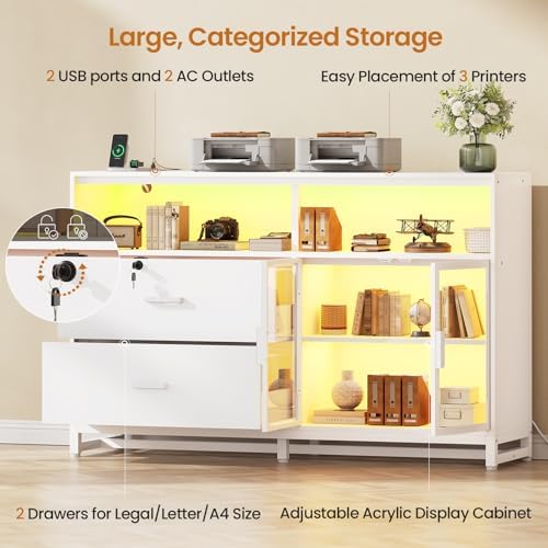 SEDETA 59" Filing Cabinet with Lock Drawers fits Legal Size for Home Office | White Lateral 2 Drawers File Cabinet with Acrylic Display Cabinet, Power Strip, Printer Stand with Storage Shelves for Office