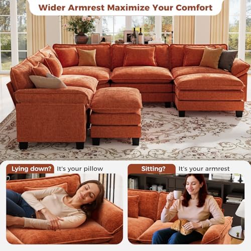 CDCASA 117" Oversized Modular Sectional Sofa with Corner, Comfy V-Shaped Cloud Couch w/ 2 Ottomans, 7-Seater Chenille Deep Seat Modern Sofa Couch for Living Room, DIY Combination, Terracotta Orange