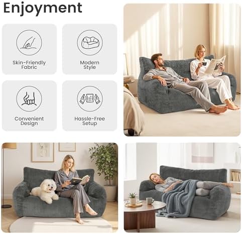 59" Corduroy Bean Bag Chair,2 Seat Loveseat Sofa,Corduroy Lazy Sofa Bed for Adults,Fit Living Room, Bedroom,Outdoor Spaces,Ultra Soft Dutch Velvet,Fluffy Comfort Cover,72h Rebound,Dark Grey