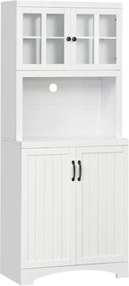 Kitchen Hutch, Pantry Cabinet with Glass Framed Door, Adjustable Shelves and Microwave Space for Dining Room, White