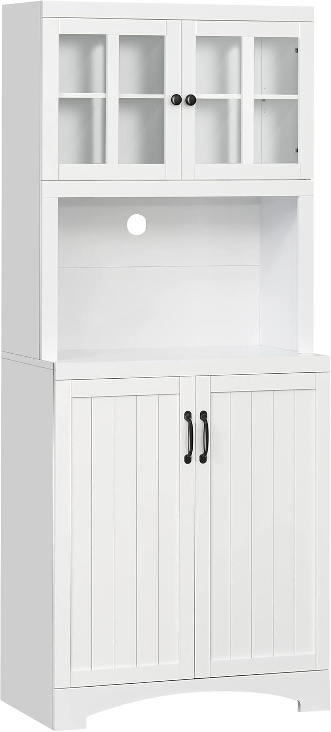 Kitchen Hutch, Pantry Cabinet with Glass Framed Door, Adjustable Shelves and Microwave Space for Dining Room, White