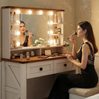 EnHomee Farmhouse Vanity Desk, Mirror & Lights, Women Bedroom, White