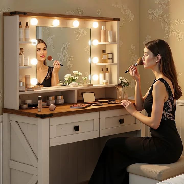 EnHomee Farmhouse Vanity Desk, Mirror & Lights, Women Bedroom, White