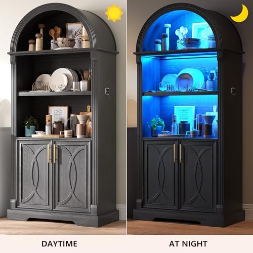 Vlsrka Kitchen Pantry Storage Cabinets with Adjustable Shelves, 71" Tall | Arched Wooden Cabinet with Doors, 3 Colors LED Lights, Motion Sensor, Freestanding, for Living/Dining Room, Black