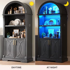 Vlsrka Kitchen Pantry Storage Cabinets with Adjustable Shelves, 71" Tall | Arched Wooden Cabinet with Doors, 3 Colors LED Lights, Motion Sensor, Freestanding, for Living/Dining Room, Black