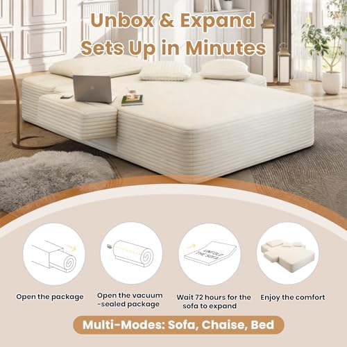 60.2 Inch Chaise Lounge Chair Indoor, Oversized Chaise Lounge with Adjustable Backrest and Armrests, Luxurious Corduroy Convertible Sofa Bed with Storage Pocket for Small Spaces, Apartment (Beige)
