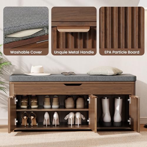37.4" W Shoe Bench with Storage, Lift Top Entryway Bench, Walnut | 2-Tier Adjustable Shoe Rack with Cushioned Seat, Hidden Storage, Wooden End of Bed Bench for Bedroom, Living Room, Hallway