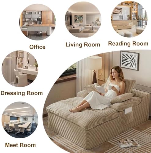 65" Oversized Chaise Lounge Chair Indoor, Chaise Lounge Chair Double Layer Side Pockets 3 Pillows, Cloud Corduroy Chaise Sofa Bed Sleeper Couches for Living Room No Assembly Require,Camel