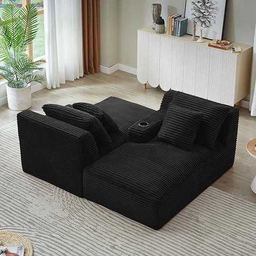 Eafurn Oversized Double Chaise Lounge Indoor with Cup Holders & Side Pocket, 71" Plush Corduroy Floor Chaise Lounge Sofa with High Density Sponge & Deep High Seat Comfy Sleeper Couch Bed