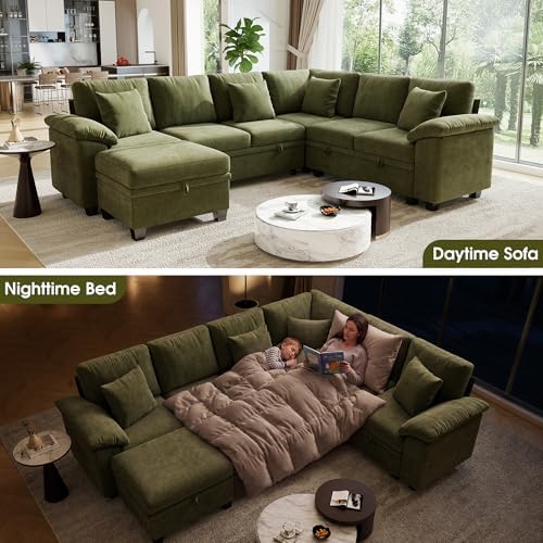 107.8" Modular Sectional Sleeper Sofa with Pull Out Bed, U Shaped 7 Seat Couch with 221L Storage, Convertible Cloud Couch Bed with Ottoman, Sectional Couches for Living Room, Apartment (Green)
