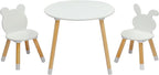 3 Pieces Multi-Activity Round Tables,Wood Table and Chairs Set,Study Dining Reading Table Set,Wooden Modern Activity Tables,with Bear & Bunny Seat Back,for Living Room, Bedroom, Playroom (White)