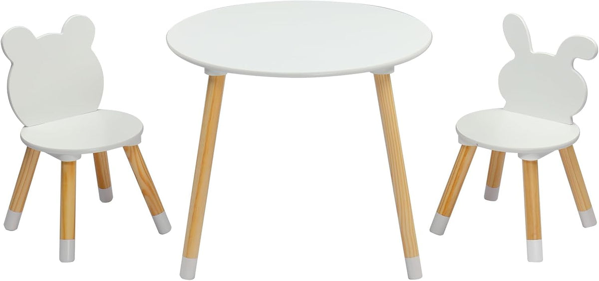 3 Pieces Multi-Activity Round Tables,Wood Table and Chairs Set,Study Dining Reading Table Set,Wooden Modern Activity Tables,with Bear & Bunny Seat Back,for Living Room, Bedroom, Playroom (White)