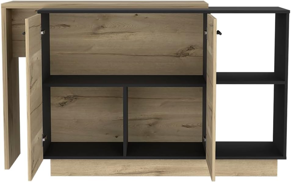 Kitchen Island with Double Doors and Three Shelves in Black | Includes two external shelves and three interior shelves for storage