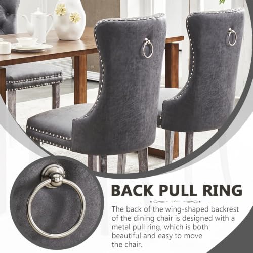 Leather Dining Chairs, Upholstered Dining Room Chairs, Grey, Set of 6 | Dining Chairs Set of 6, Leather Fabric, High Wing Back, Metal Pull Ring, Wood Frame, Mid Century Modern