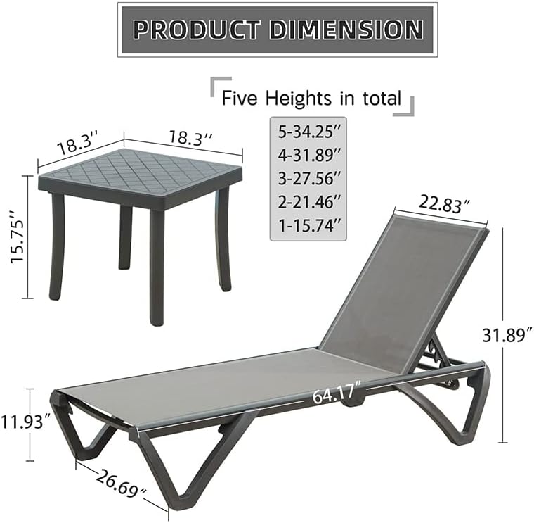 Domi Pool Lounge Chairs, Aluminum Patio Chaise Lounge with Side Table, 5 Position Adjustable Backrest and Wheels, All Weather Outdoor Lounge Chairs for Beach, Yard, Balcony, Poolside, Gray
