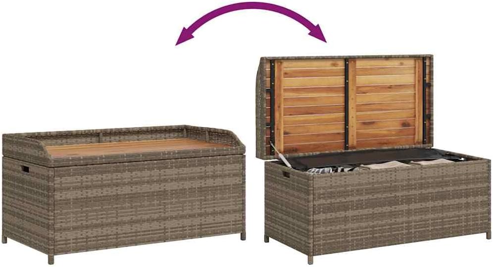 Poly Rattan Storage Bench with Gas Spring Lid, Grey Brown Acacia Wood Seat, Water-Resistant Outdoor Patio Organizer for Cushions and Tools