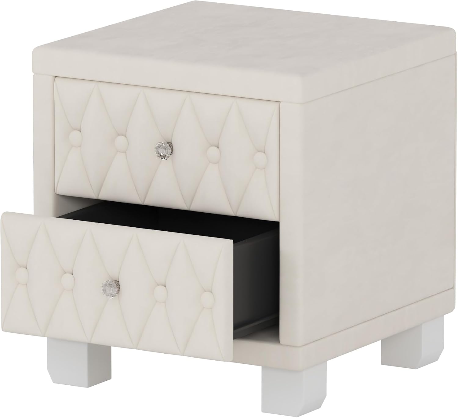 Elegant Velvet Nightstand with 2 Drawers and Crystal Handle, Storage Bedside Table with Button-Tufted,for Small Spaces