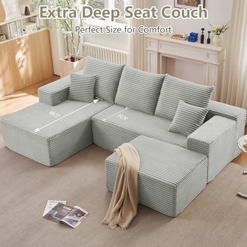 Lakifun 107" L-Shape Sofa with Ottoman, Modern Modular Sectional Comfy U-Shape Cloud Couch, Deep Seat, Upholstered Corduroy Sleeper Chaise Longue for Living Room Bedroom, No Assembly Required, Grey